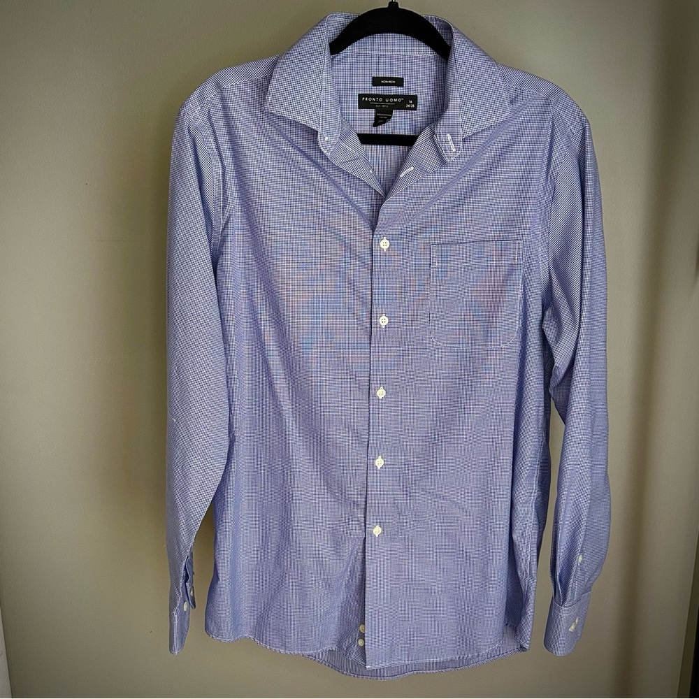 Men’s Pronto Uomo Blue Checkered Non-Iron Long Sleeve Dress Shirt Size 16 34/35